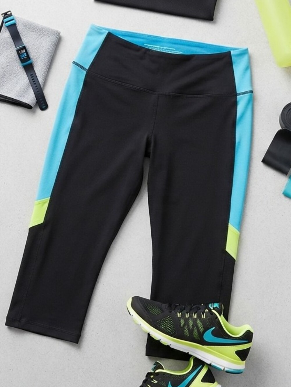 VSX Black Capri Leggings with Turquoise and Neon Yellow Panels